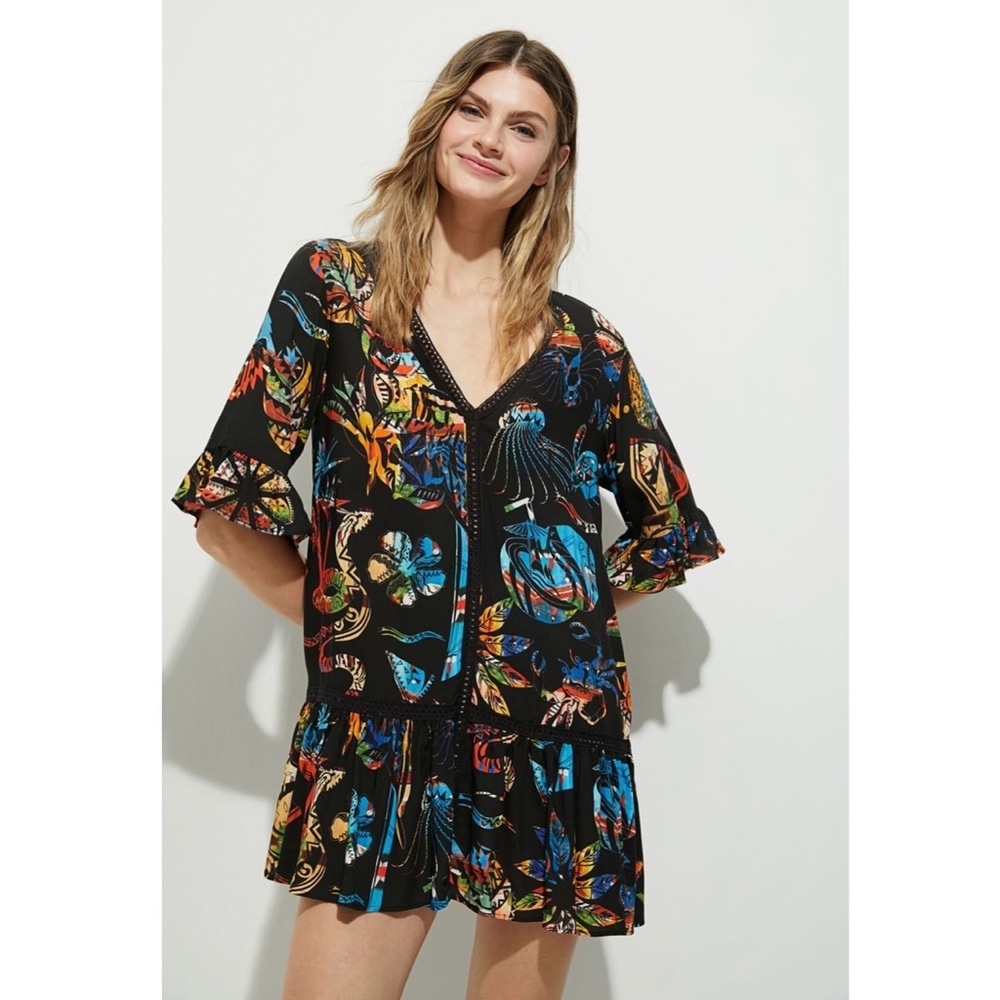 Desigual Black Short Sleeve Beach Mini Dress Tunic Multicolor Tropical Print L